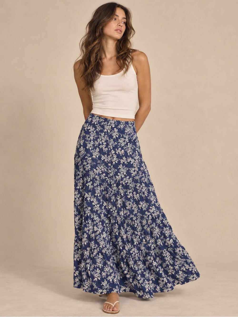Arizona Jean Co Blue White Floral Tiered Maxi Skirt Size XS